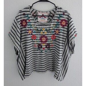 Johnny Was Relaxed Drape Tee Women's XS Gray Striped Floral Embroidered T-Shirt